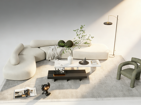 现代简约弧形沙发客厅 沙发茶几组合 墨绿抱枕龟背竹 配大理石su模型