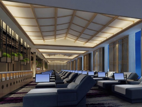 高端会所酒店休息室 未来感设计日式禅意空间 商务舱私密休息区 水疗中心长廊布局 深蓝米白木色调免费3d模型