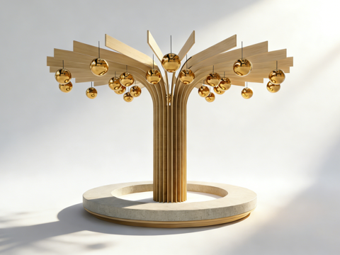 现代轻奢抽象金叶树艺术装置 金色树枝悬挂球体 大理石底座su模型