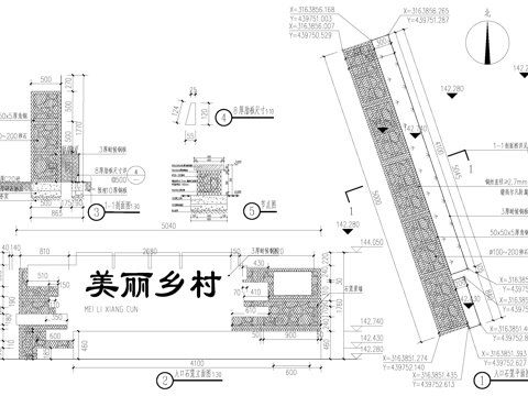 石笼矮墙 入口文化logo景墙 乡村民俗围墙cad施工图