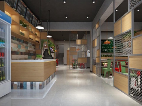 现代风咖啡厅餐厅室内设计 金属木质拼接装饰 商业空间效果图 3D渲染快闪店展示免费3d模型