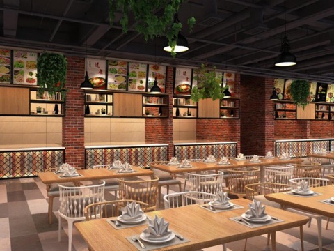 工业风复古餐厅设计 餐饮空间室内装修 商业空间3D渲染案例免费3d模型