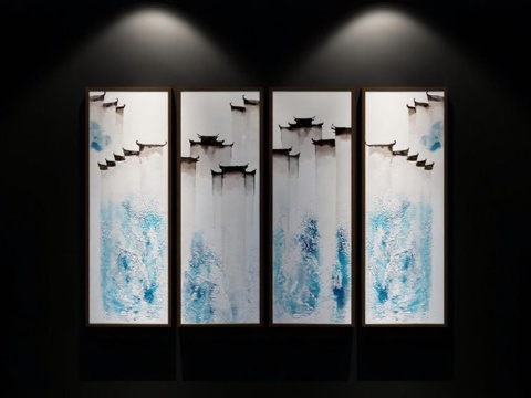 水墨抽象艺术画 东方禅意家居装饰 深色木框现代挂画 高端室内文化墙设计免费3d模型