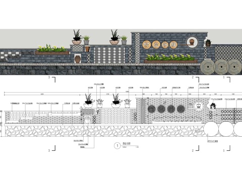 新中式乡村民俗矮墙围墙 竹筛磨盘陶罐瓦片 文化logo景墙cad施工图