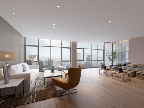 现代简约高端住宅客厅设计 开放式布局城市景观3D渲染效果图免费3d模型