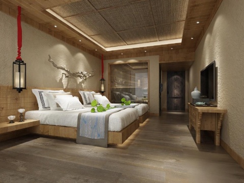 中式卧室设计效果图 酒店客房3D渲染案例 度假屋自然风格装饰灵感免费3d模型
