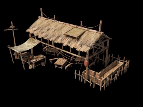 3D写实古代村落场景模型 游戏建筑场景资产 自然风格木结构素材包免费3d模型