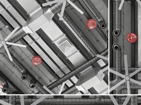 工业风天花板结构3D模型展示 金属通风管道系统设计解析 极简建筑内部机械美学免费3d模型