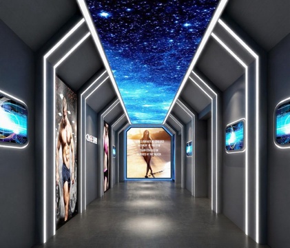 未来科技感健身房走廊设计 星空主题健身中心视觉营销 商业空间发光灯带装饰方案免费3d模型