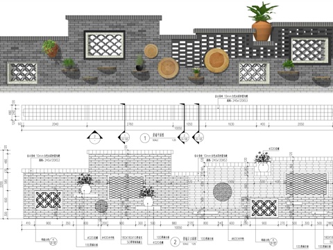 新中式乡村民俗矮墙围墙 青砖文化庭院景墙cad施工图
