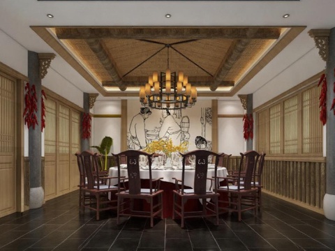 中式餐厅设计 对称布局餐饮空间 竹编吊顶装饰艺术 现代中式吊灯文化氛围用餐环境免费3d模型