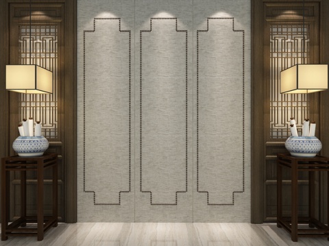  背景墙 形象墙 中式背景墙 中式吊灯 中式凳子3d模型 