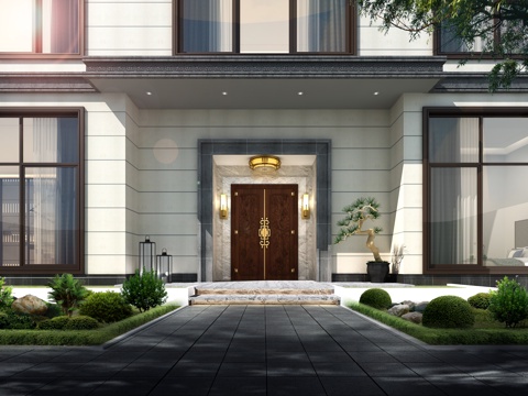  新中式门头 大门 灯 植物3d模型 