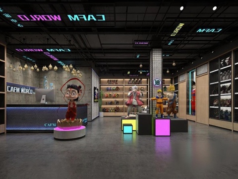 赛博朋克动漫主题空间 3D模型手办沉浸式展厅 潮流文化游戏周边体验馆 工业风霓虹灯二次元展馆免费3d模型