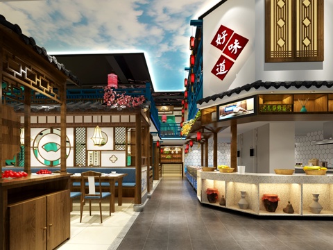  新中式餐厅 餐桌椅 弧形靠椅 屋顶 明档 收银 吊灯 树3d模型 