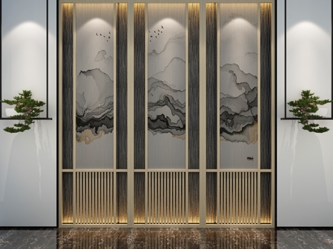  背景墙 形象墙 中式背景墙 禅意背景墙 迎客松 隔断3d模型 