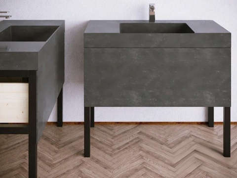 现代工业风浴室柜组合 深灰混凝土洗手台设计 木质金属材质对比卫浴家具 室内设计3D模型参考免费3d模型