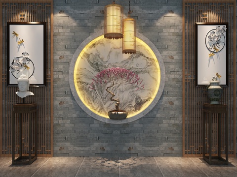  中式背景墙 新中式背景墙 新中式造型墙 包房造型墙 佛头3d模型 