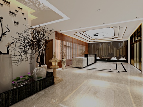  禅意大厅 吧台 水景 地面3d模型 