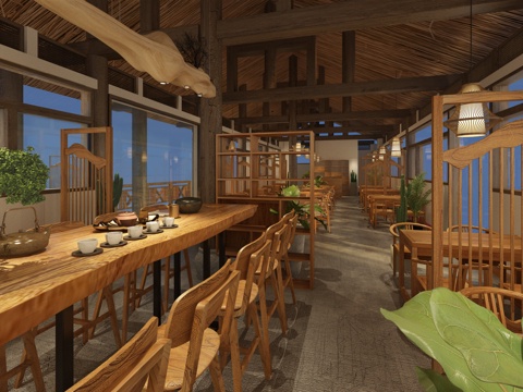  禅意新中式餐厅家具 吧凳 圈椅 屏风 大板桌 民宿餐厅3d模型 