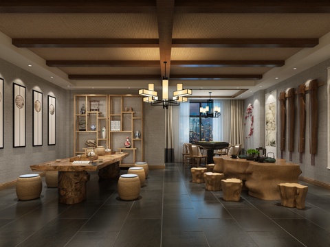  新中式茶室 挂画 博古架 大板台3d模型 