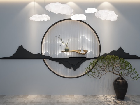  新中式背景墙 云彩灯 干枝 墙饰3d模型 