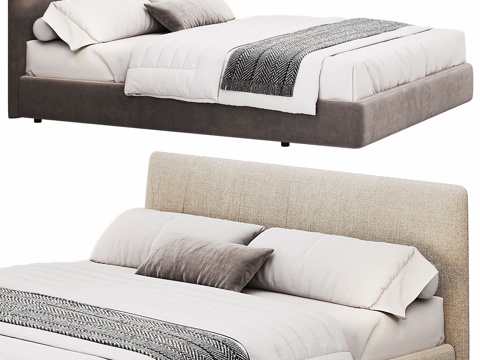  现代背景双人床 意式布艺软床双人床 极简轻奢双人床  真皮3d模型 