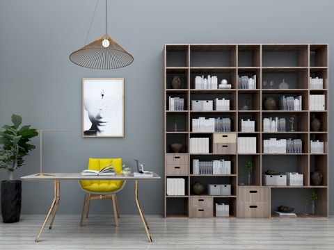  现代书房 原木书桌椅 书架 书柜3d模型 