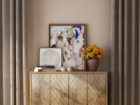  新中式玄关装饰柜 装饰画 花瓶窗帘组合3d模型 