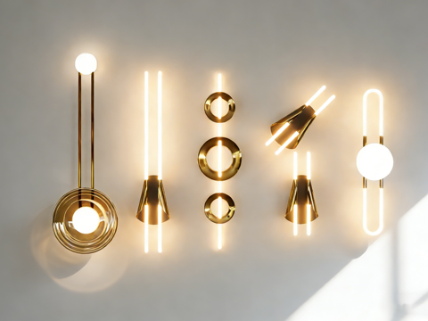 现代简约金色壁灯  含环形线条 玻璃罩造型 客厅走廊背景墙装su模型