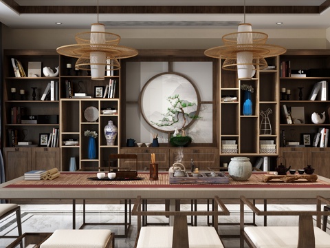  新中式茶室 桌子 椅子 装饰品3d模型 