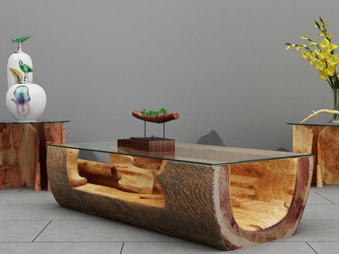  新中式禅意空间 老木头茶几组合3d模型 