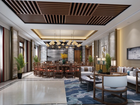  新中式餐厅 铁板烧 餐桌椅 沙发茶几 吊灯 桌面摆件 挂画3d模型 