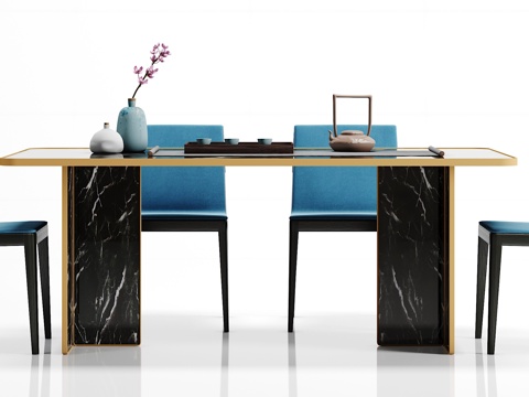  新中式餐桌椅子摆件组合3d模型 