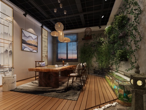  中式办公茶室 吊灯 沙发茶几 挂画3d模型 