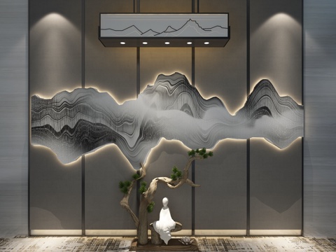  禅意中式背景墙 中式吊灯 迎客松 雕塑3d模型 