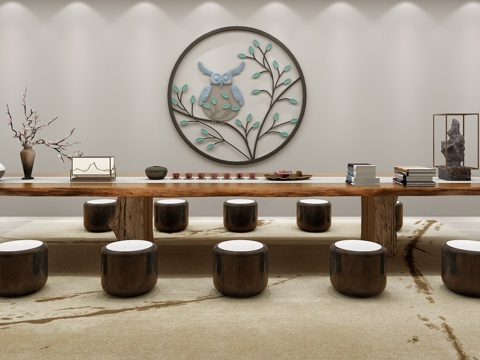  新中式大型茶台 原木中式茶台 古铜凳 书籍 花瓶 雕塑摆件3d模型 