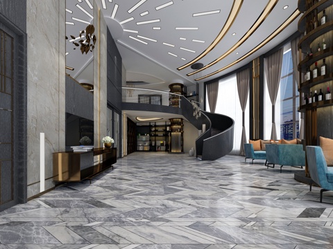  现代中餐厅 旋转楼梯 吊顶 窗帘 沙发 物件摆件3d模型 