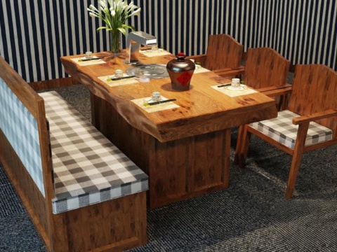  日式家庭聚餐餐厅设计 原木风格室内装饰 3D模型渲染效果图免费3d模型 
