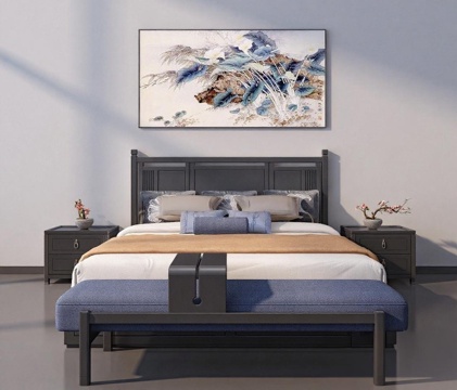 现代中式卧室家具展示 3D渲染现代东方美学免费3d模型