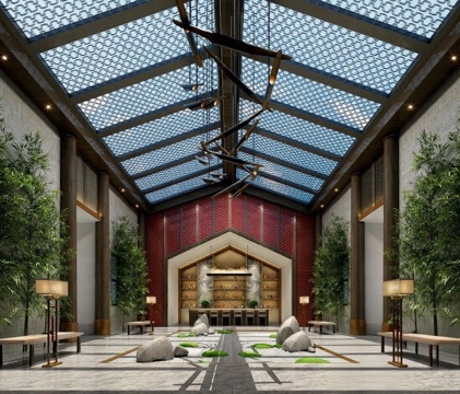 中式风格酒店大堂3D建筑渲染 禅意空间室内设计 对称布局自然光融合传统现代元素免费3d模型