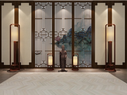  背景墙 形象墙 中式背景墙 中式地灯 隔断 中式摆件3d模型 