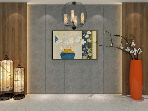  背景墙 形象墙 中式背景墙 鸟笼灯 中式吊灯 干枝 挂画3d模型 