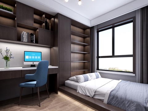  现代 卧室榻榻米  次卧 书桌 衣柜 男孩房 吊灯 现代3d模型 