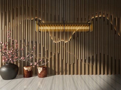  中式背景墙 中式吊灯 干枝花 树凳3d模型 