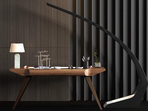  新中式金属实木书桌 落地灯 台灯 书法文具饰品组合3d模型 