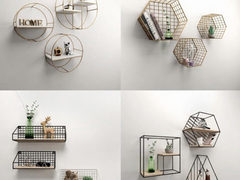 壁挂置物架设计 现代简约北欧风 金属木质墙面收纳架 家居装饰3D模型 多风格产品展示图免费3d模型