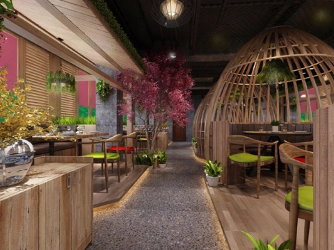  工业风餐厅设计 自然元素餐饮空间设计 创意装修与室内装饰效果免费3d模型 