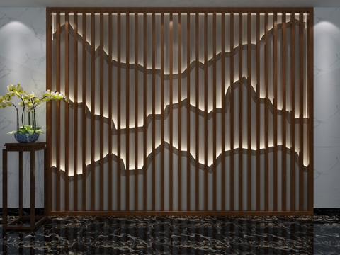  新中式背景墙 山形背景墙 中式凳子3d模型 