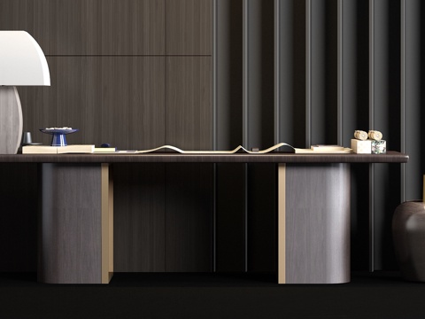  新中式实木书桌文具书法台灯饰品组合3d模型 